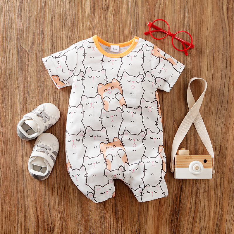 

Baby Girl Allover Cartoon Cat Print White Short-sleeve Romper