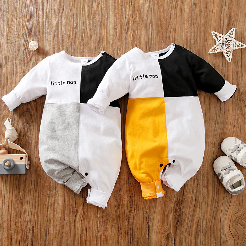 

100% Cotton Baby Boy/Girl Letter Embroidered Colorblock Long-sleeve Jumpsuit