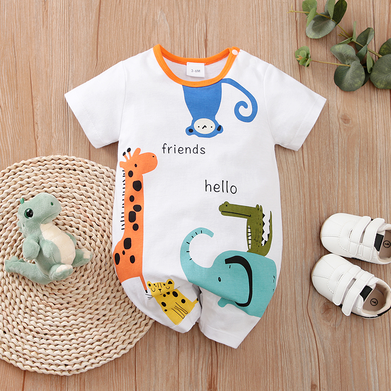 

100% Cotton Baby Boy Cartoon Animals Print White Short-sleeve Romper