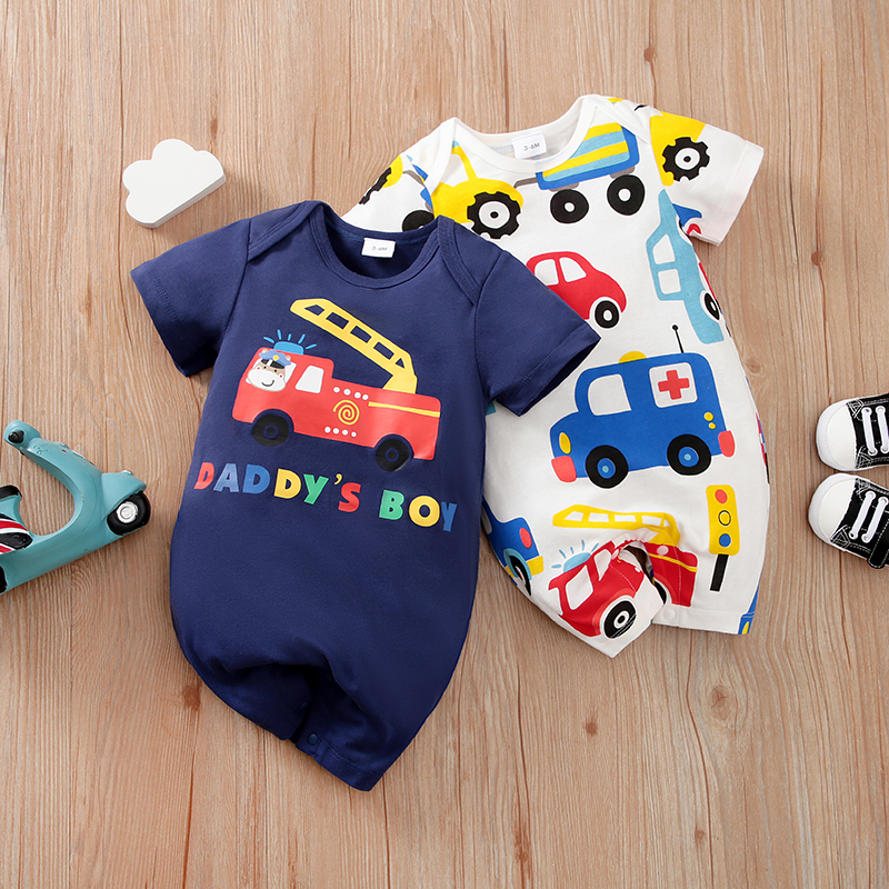 

100% Cotton Baby Boy Allover Cartoon Car Print Short-sleeve Romper