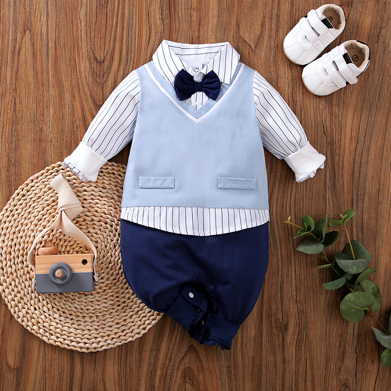 

100% Cotton Baby Boy Gentleman Bow Tie Striped Long-sleeve Faux-Two Jumpsuit