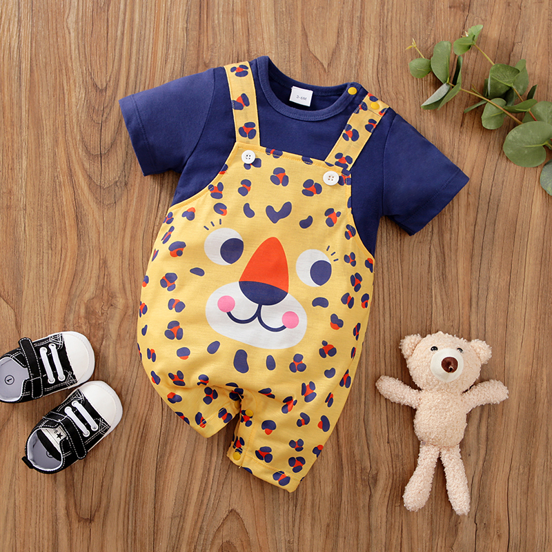 

Baby Boy 100% Cotton Short-sleeve Faux-two Cartoon Leopard Print Romper