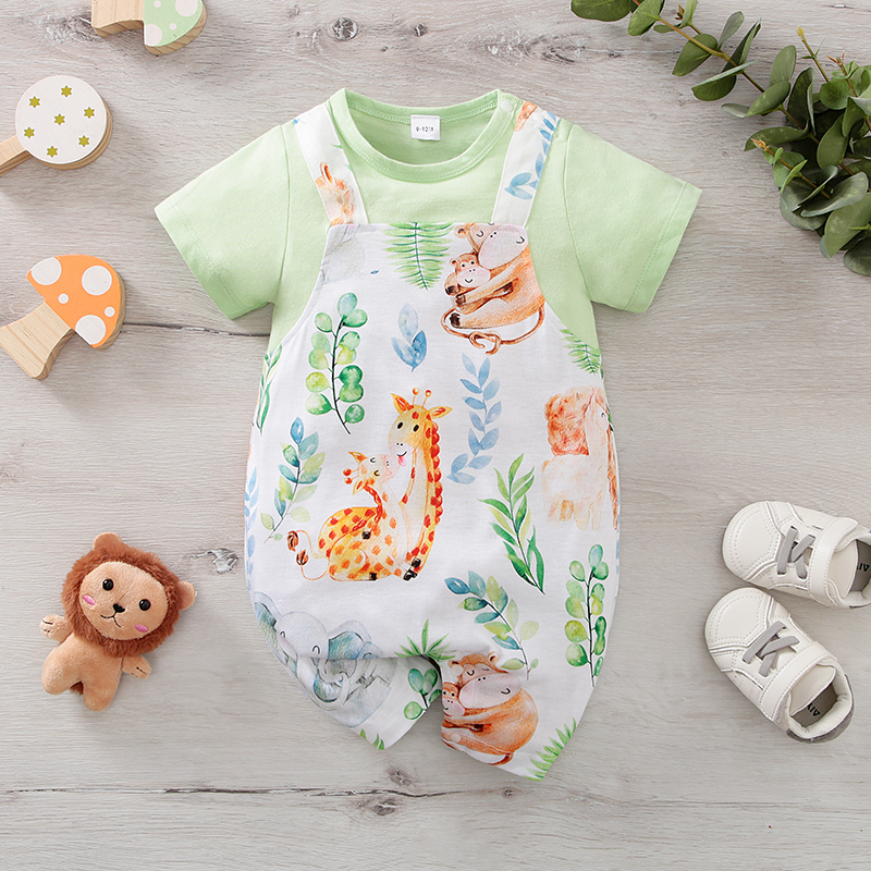 

Baby Boy/Girl 100% Cotton Faux-two All Over Animals Print Romper