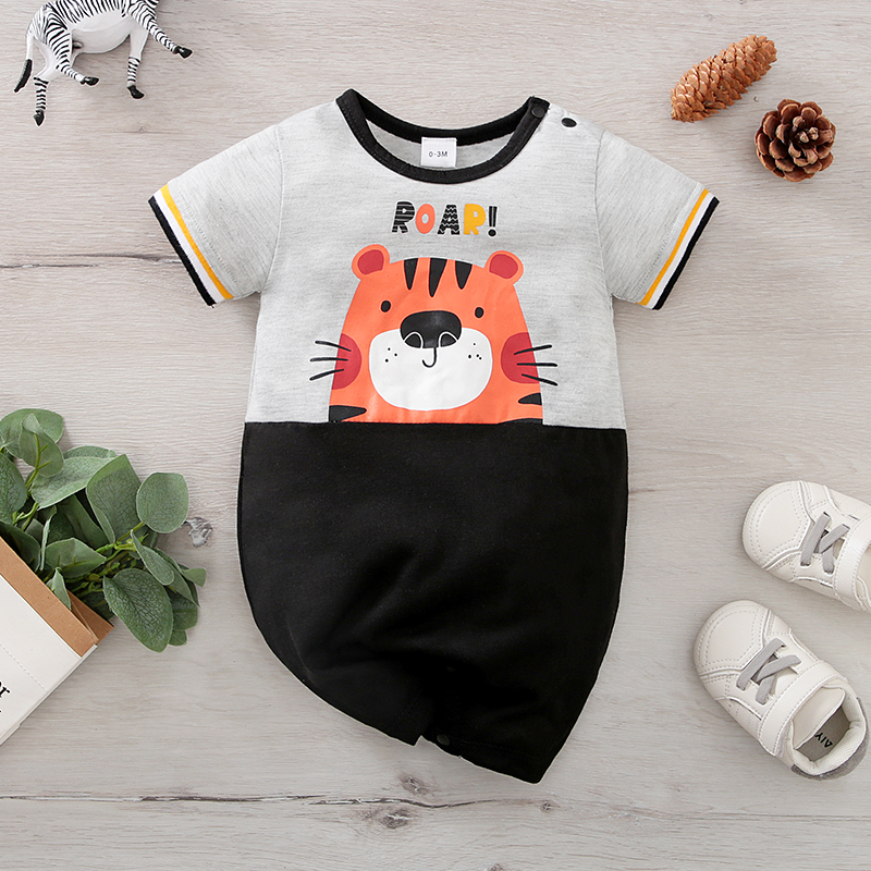 

Baby Boy Cartoon Tiger Print Short-sleeve Splicing Romper