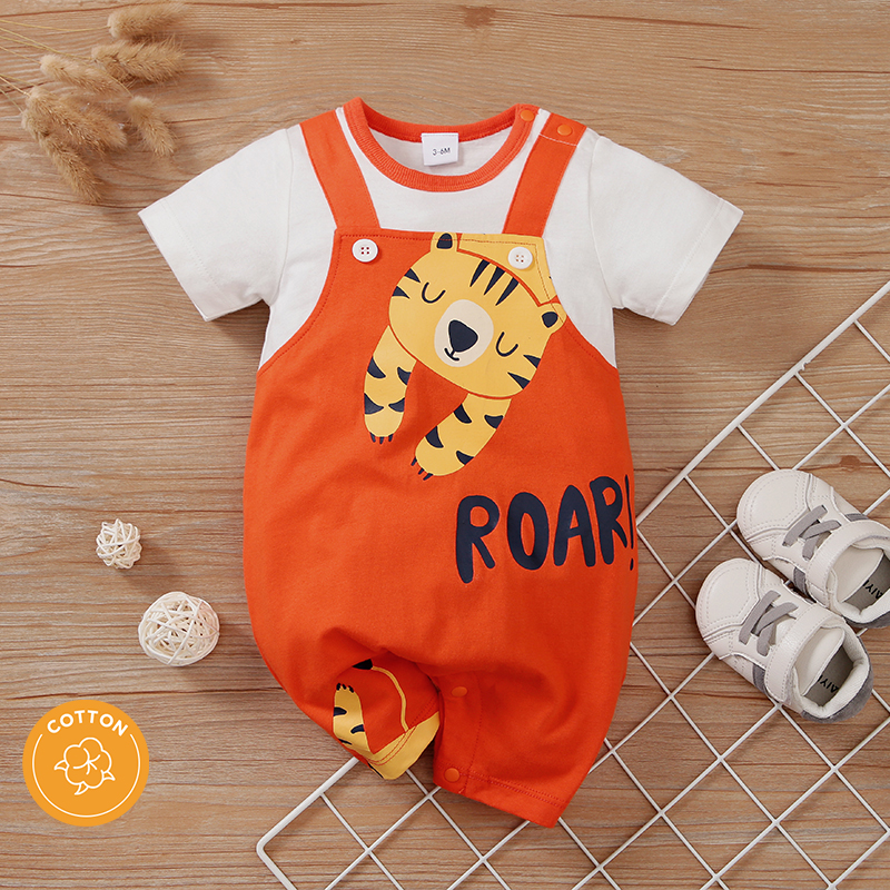 

100% Cotton Baby Boy Faux-Two Short-sleeve Cartoon Tiger & Letter Print Romper