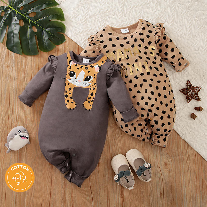 

100% Cotton Baby Girl Leopard Print Ruffle Long-sleeve Jumpsuit