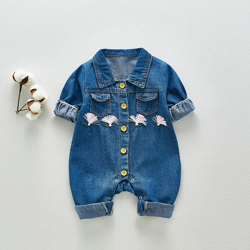 

Baby Tassel Embroidery Denim Polo Collar Jumpsuit