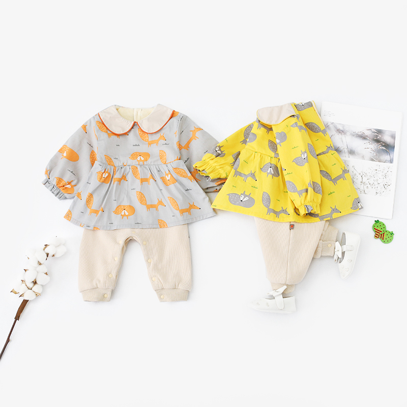 Baby Boy / Girl Splice Design Faux-two Fox Allover Long-sleeve Jumpsuit