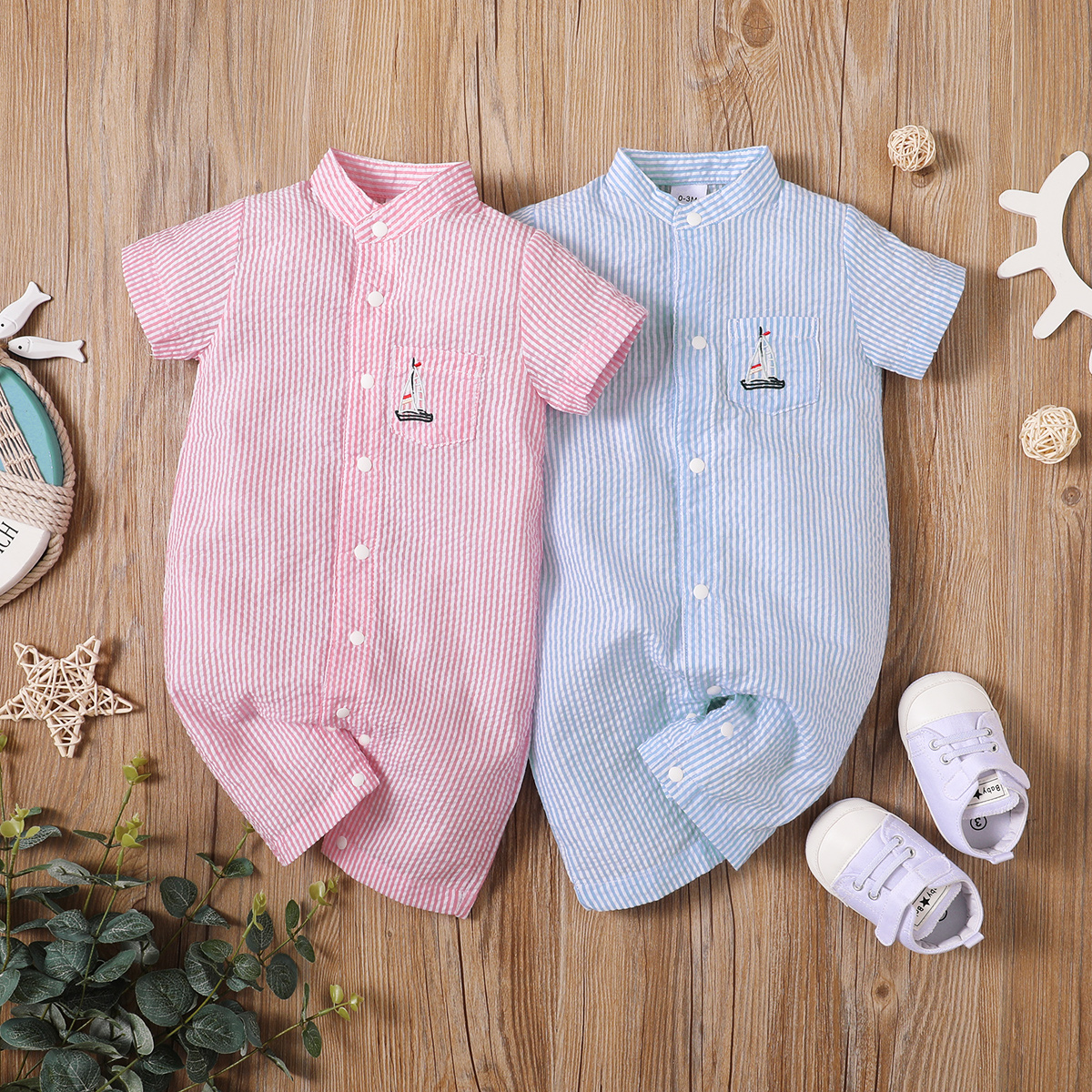 

100% Cotton Pinstriped Lapel Collar Short-sleeve Baby Jumpsuit