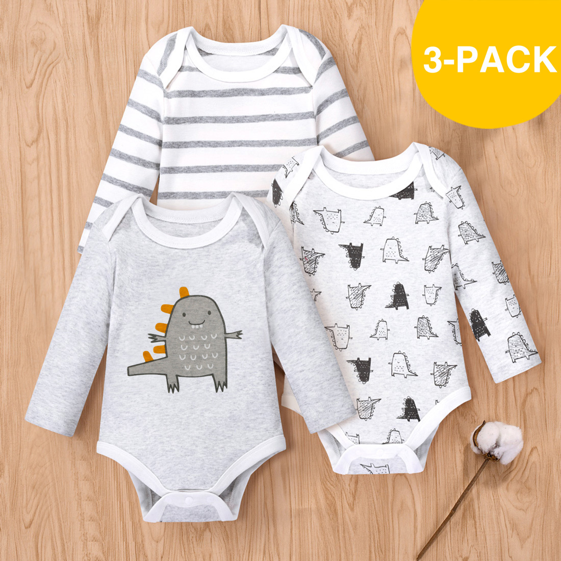 

100% Cotton 3pcs Stripe Dinosaur Print Long-sleeve Baby Romper