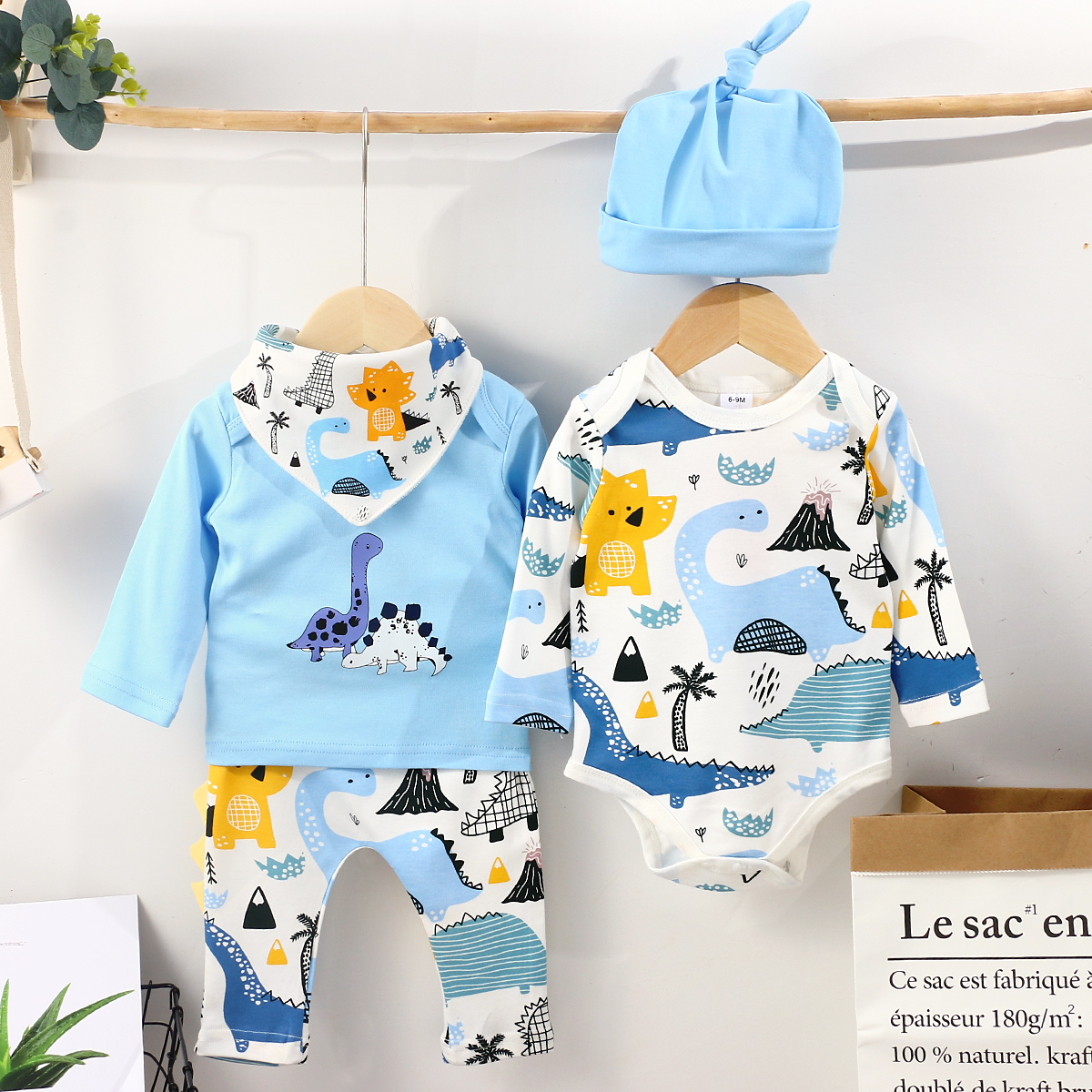 

100% Cotton 5pcs Baby All Over Cartoon Dinosaur Print Blue Long-sleeve Set