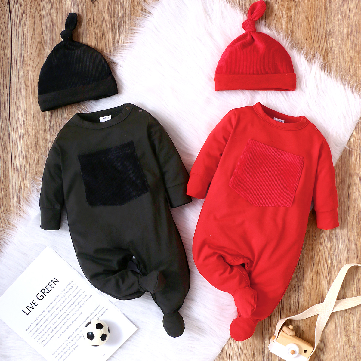 

2pcs Baby Boy/Girl Solid Long-sleeve Footed Jumpsuit with Hat Set