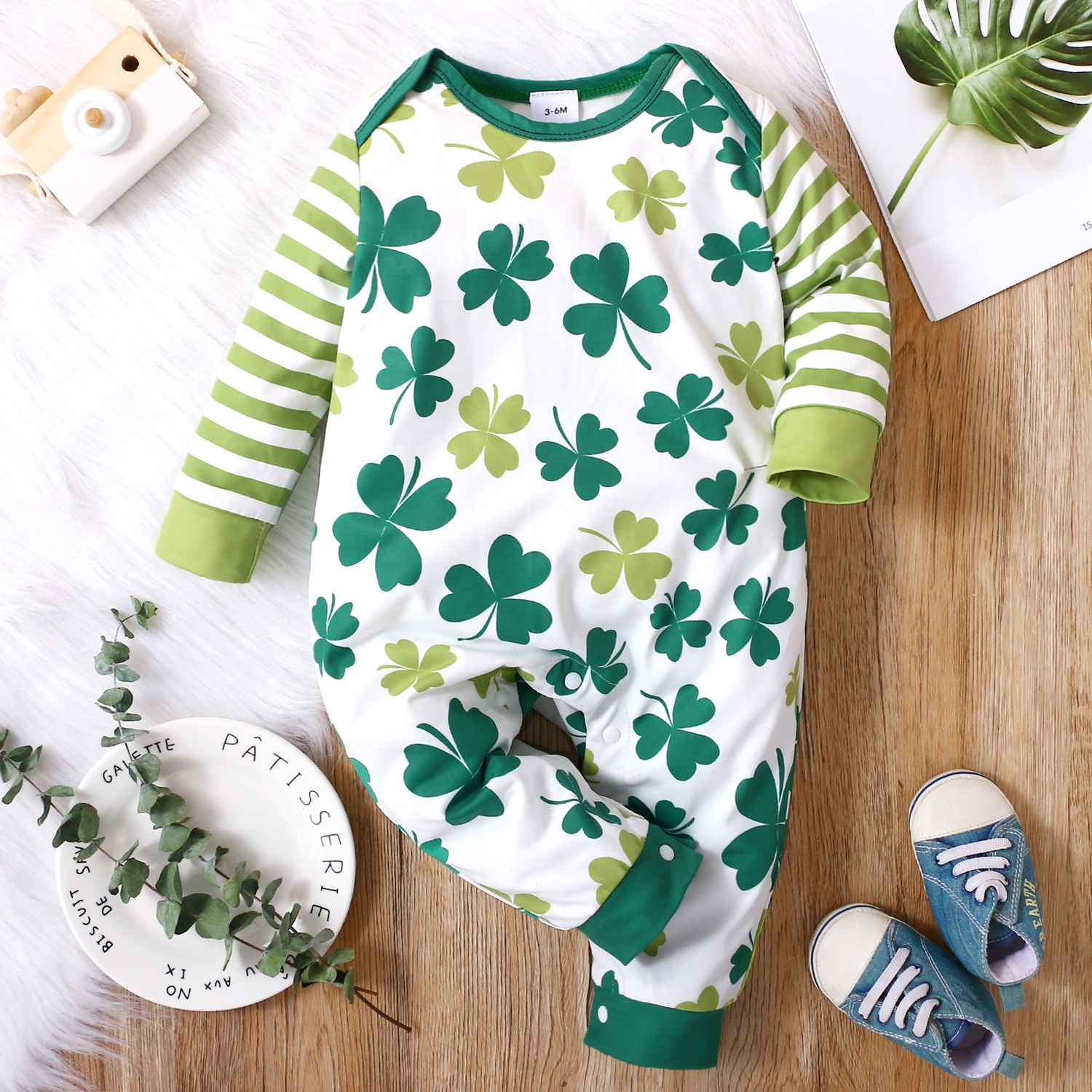 

St. Patrick's Day Baby Boy/Girl All Over Green Four-leaf Clover Print Striped Long-sleeve Jumpsuit