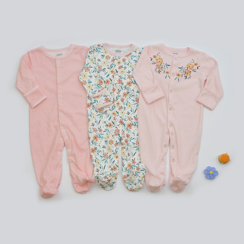 

3-piece Baby Girls Flower Print Footie Jumpsuit