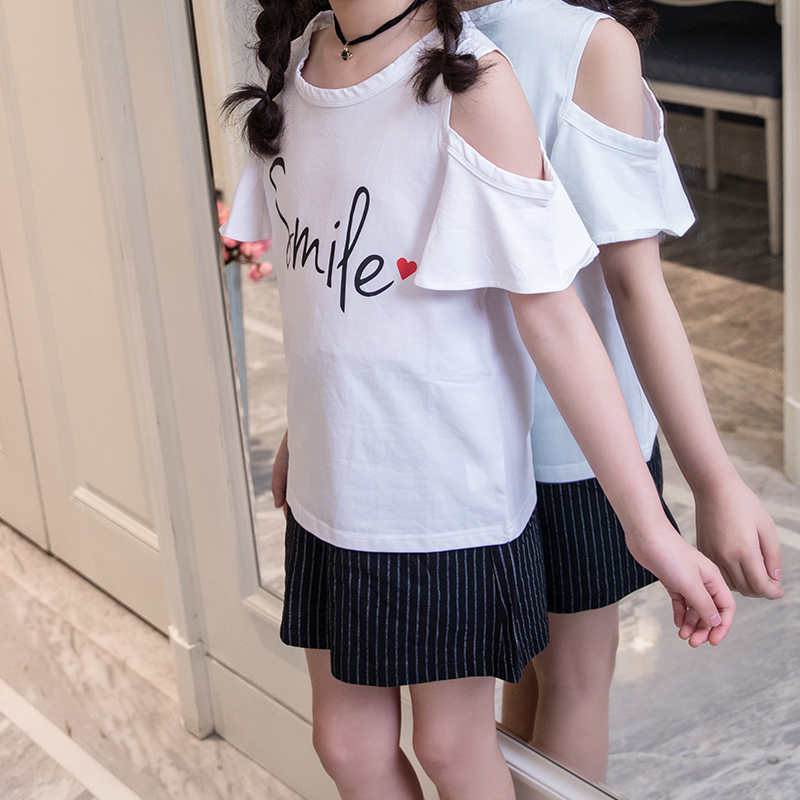 

Stylish SMILE Print Cold Shoulder Top and Striped Shorts Set