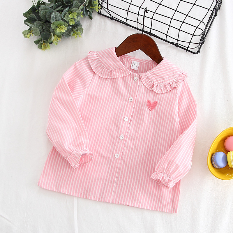 

Toddler Girl's Striped Heart Embroidered Doll Collar Shirt