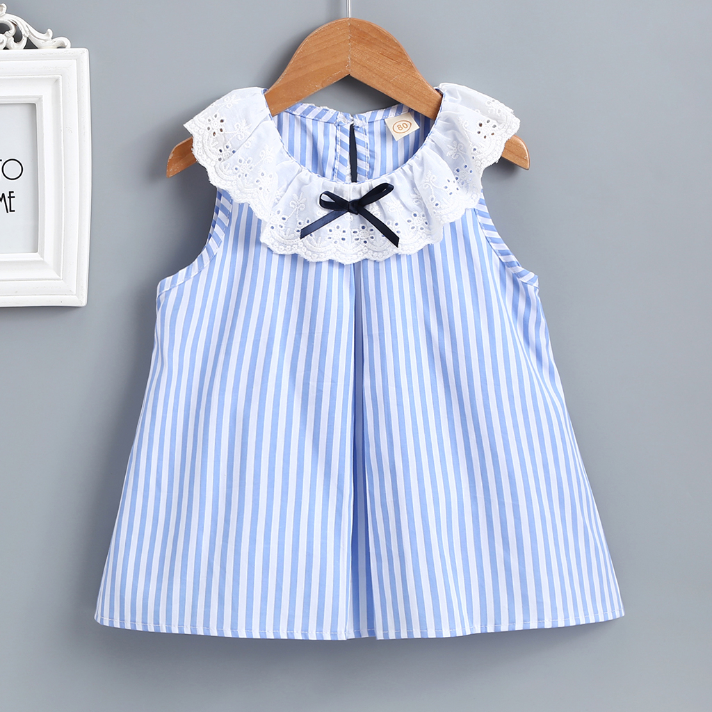

Baby / Toddler Sweet Striped Lace Flounced Collar Bow Decor Sleeveless Dress