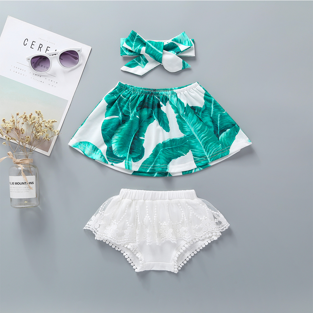 

3-piece Baby Fresh Leaf Off Shoulder Top and Lace Shorts with Headband Set