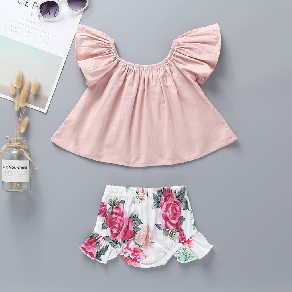 

Baby / Toddler Off Shoulder Flutter-sleeve Top and Ruffled Floral Shorts Set