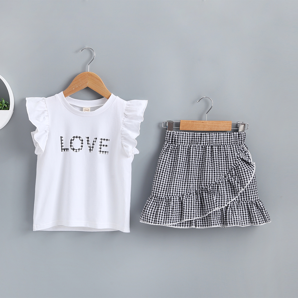 

Baby / Toddler LOVE Flutter-sleeve Top and Plaid Skirt Set