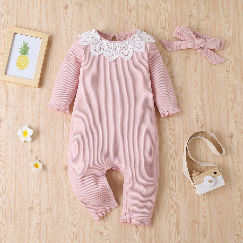 

2-piece Baby Solid Lace Jumpsuit with Headband