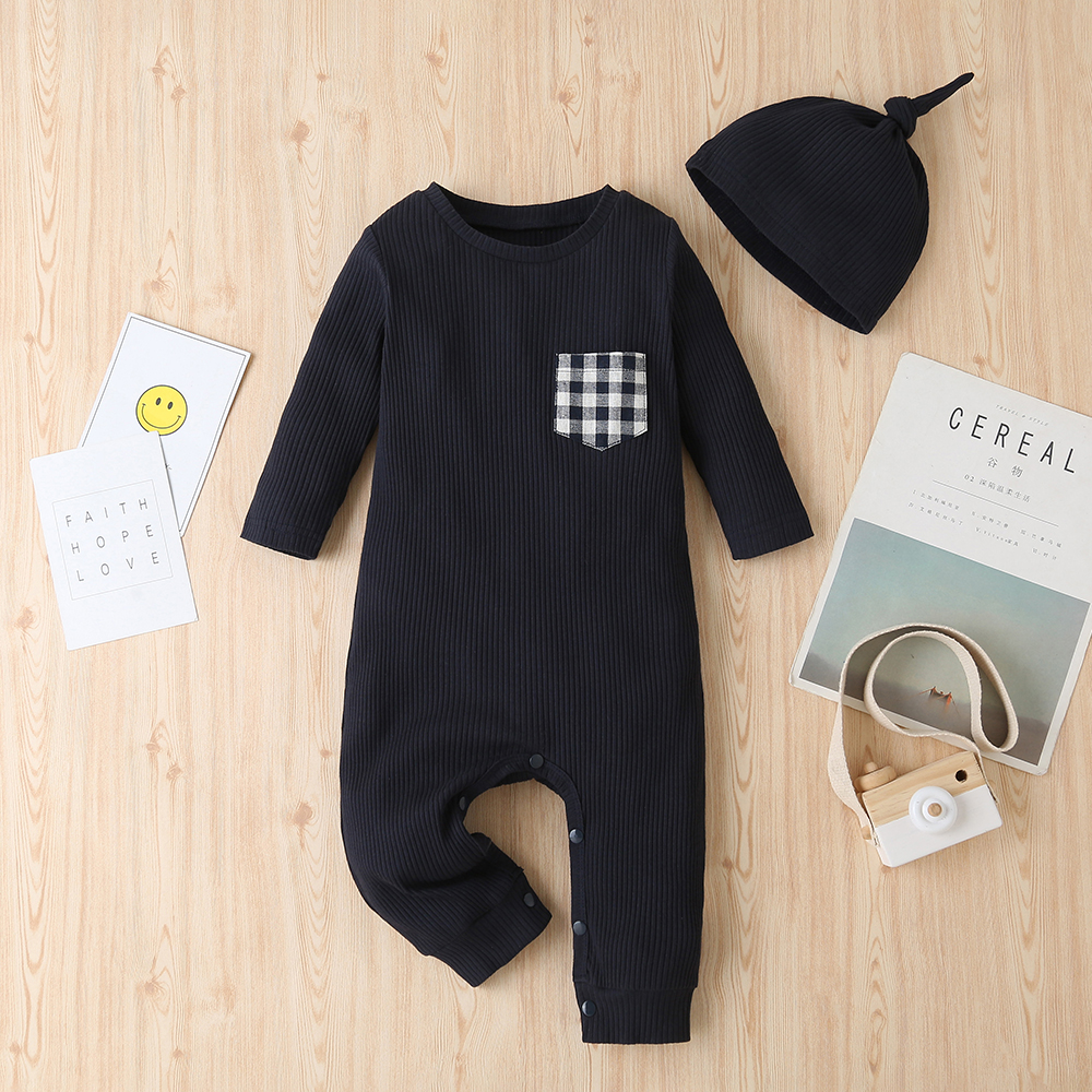 

Ribbed 2pcs Palid Print Chest Pocket Decor Long-sleeve Baby Set