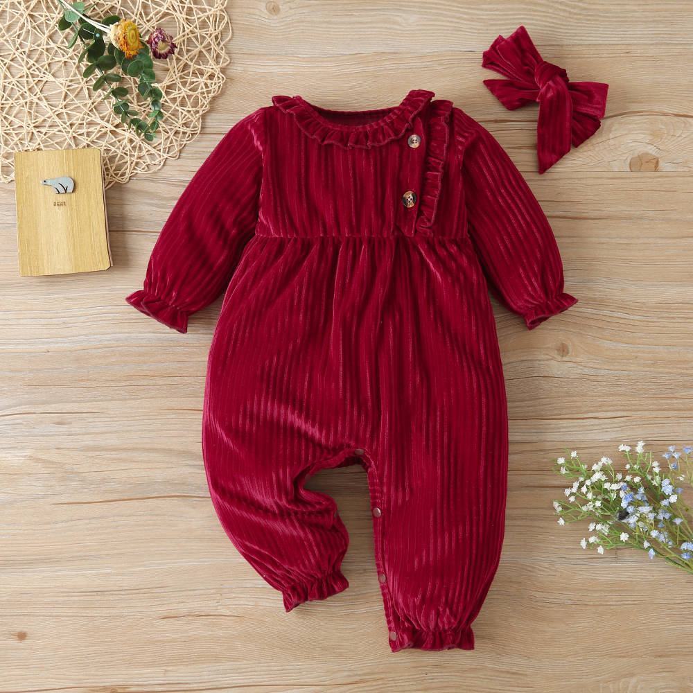

2pcs Solid Ruffle Decor Long-sleeve Baby Jumpsuit