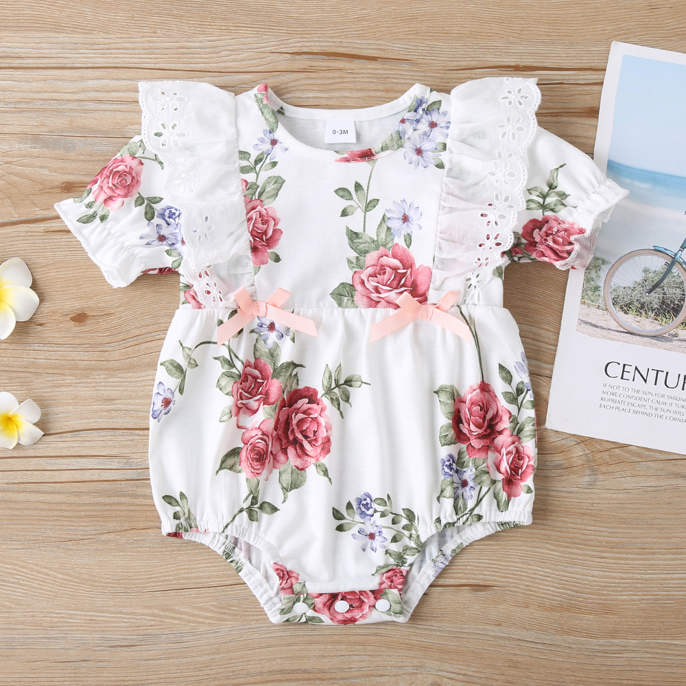 

Baby Floral Print Short-sleeve Lace Romper