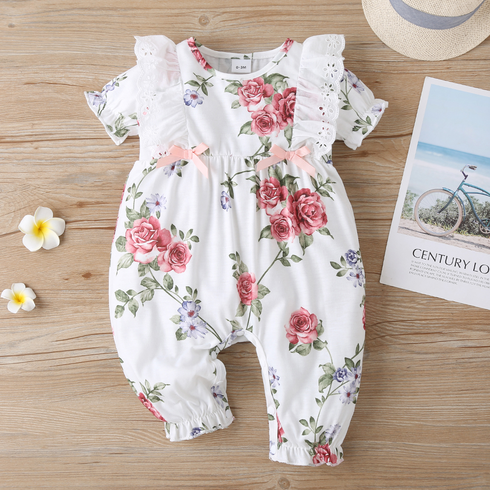 

Floral Allover Ruffle and Bow Decor Puff-sleeve White Baby Jumpsuit