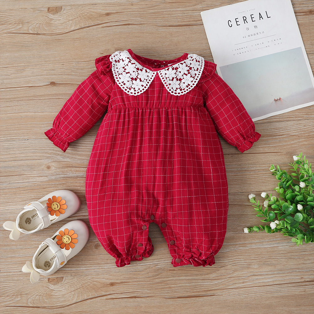 

100% Cotton Plaid Print Lace Doll Collar Long-sleeve Baby Jumpsuit
