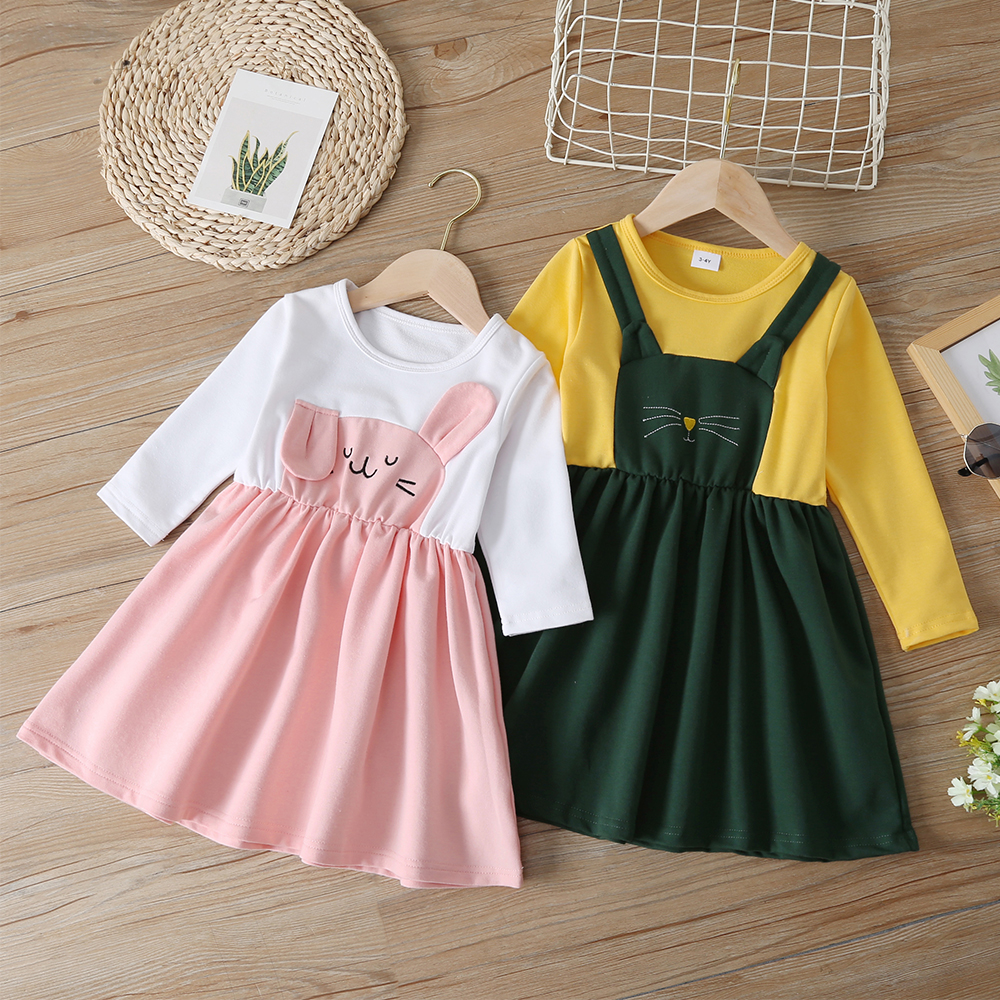 

Toddler Girl Animal Print Ear Design Colorblock Long-sleeve Dress