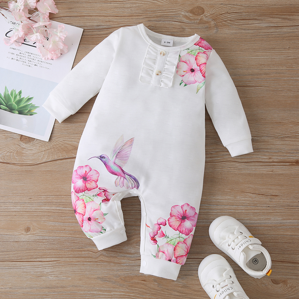 

Pink Floral Print Ruffle Long-sleeve Baby Jumpsuit