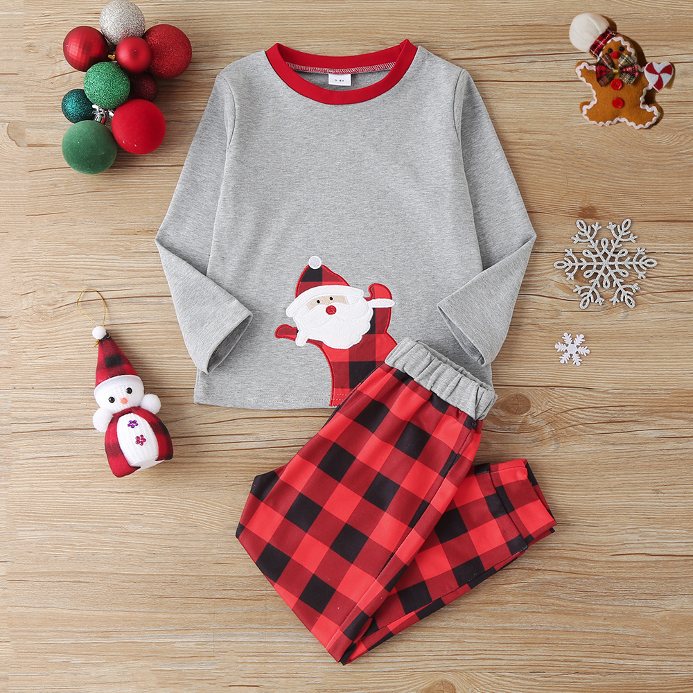 

2-piece Toddler Boy Christmas Santa Print Long-sleeve Top and Plaid Pants Set