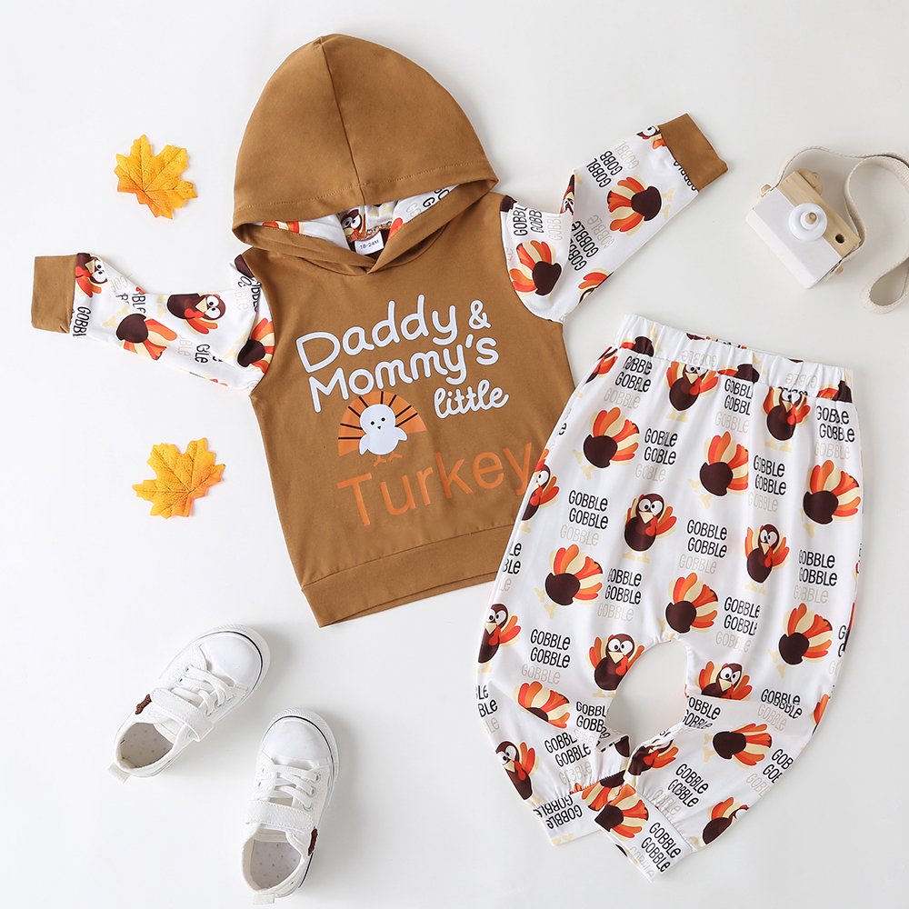 

2-piece Toddler Boy Thanksgiving Letter Animal Print Hoodie Sweatshirt and Pants Set