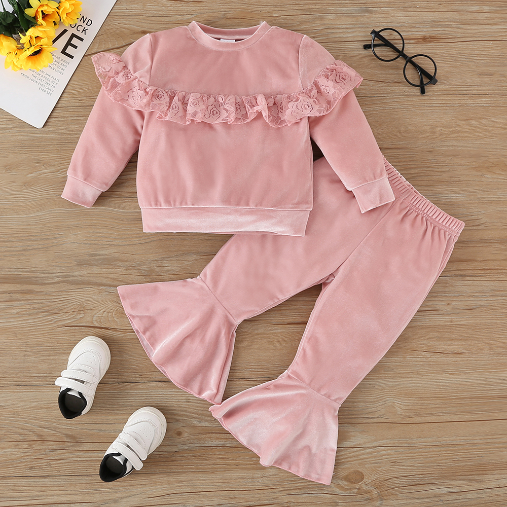 

2-piece Toddler Girl Ruffled Lace Design Velvet Sweatshirt and Flared Pants Set