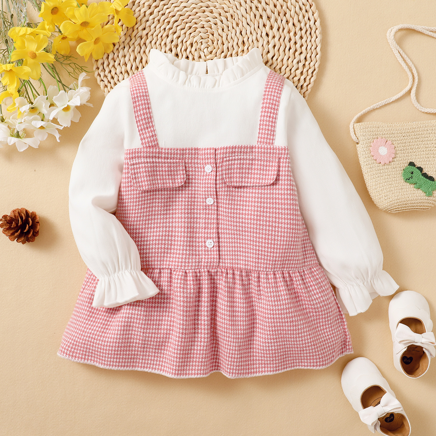 

Toddler Girl Ruffle Collar Button Design Houndstooth Faux-two Long-sleeve Dress