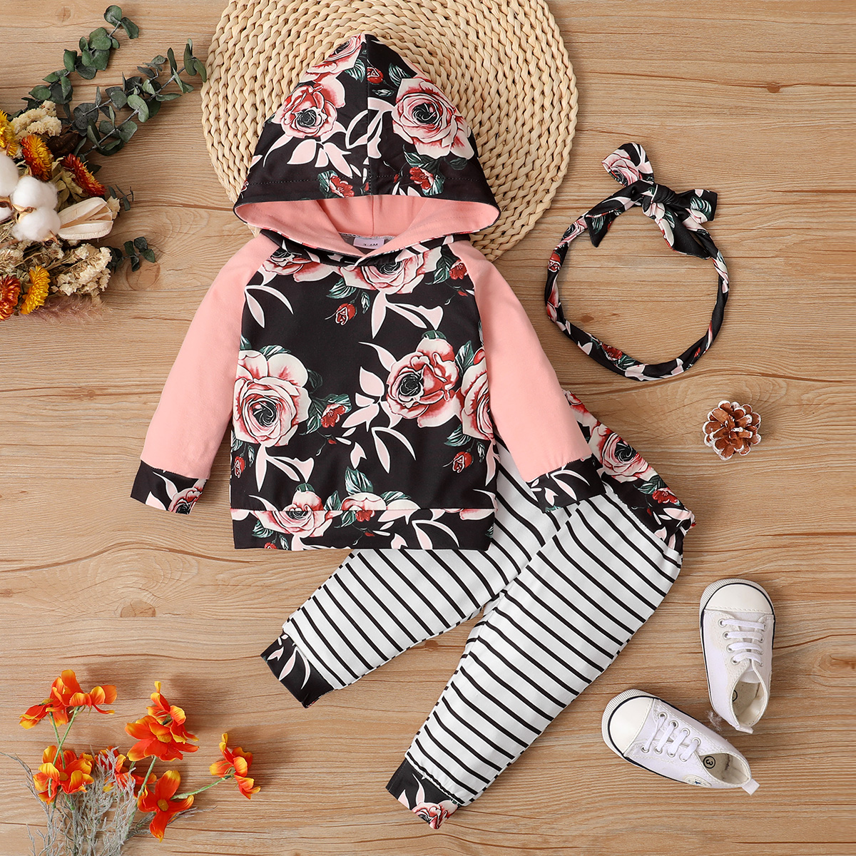 

3-piece Baby Girl Floral Print Hoodie Sweatshirt, Stripe Pants and Headband Set