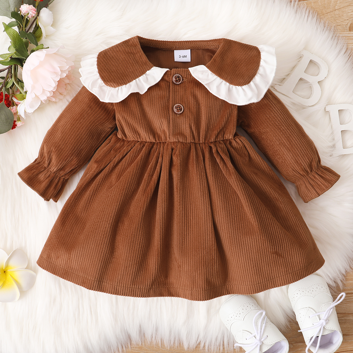 

Baby Girl Puritan Collar Button Design Long-sleeve Dress
