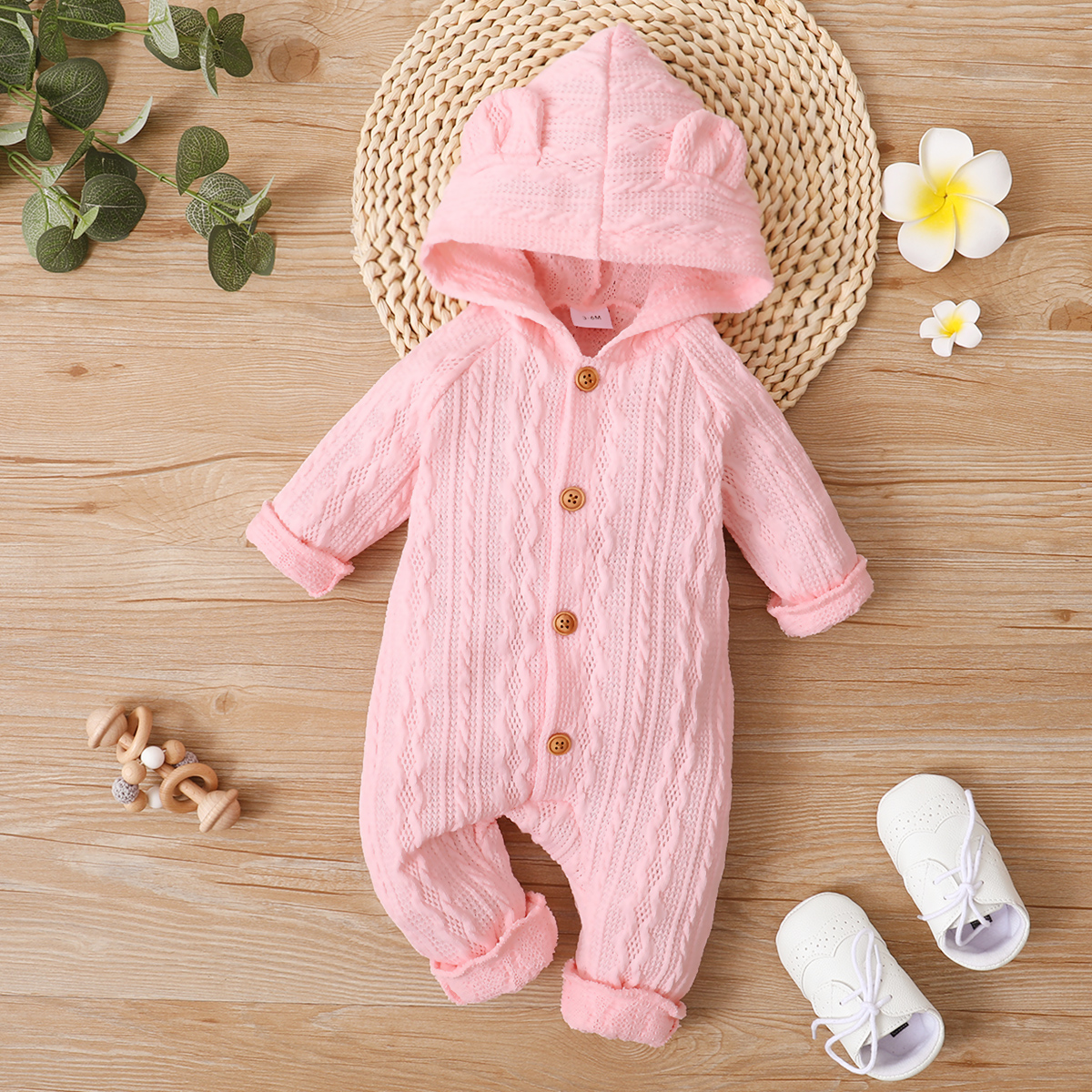 

Baby Girl Cable Knit Textured Button Design Hooded Long-sleeve Jumpsuit
