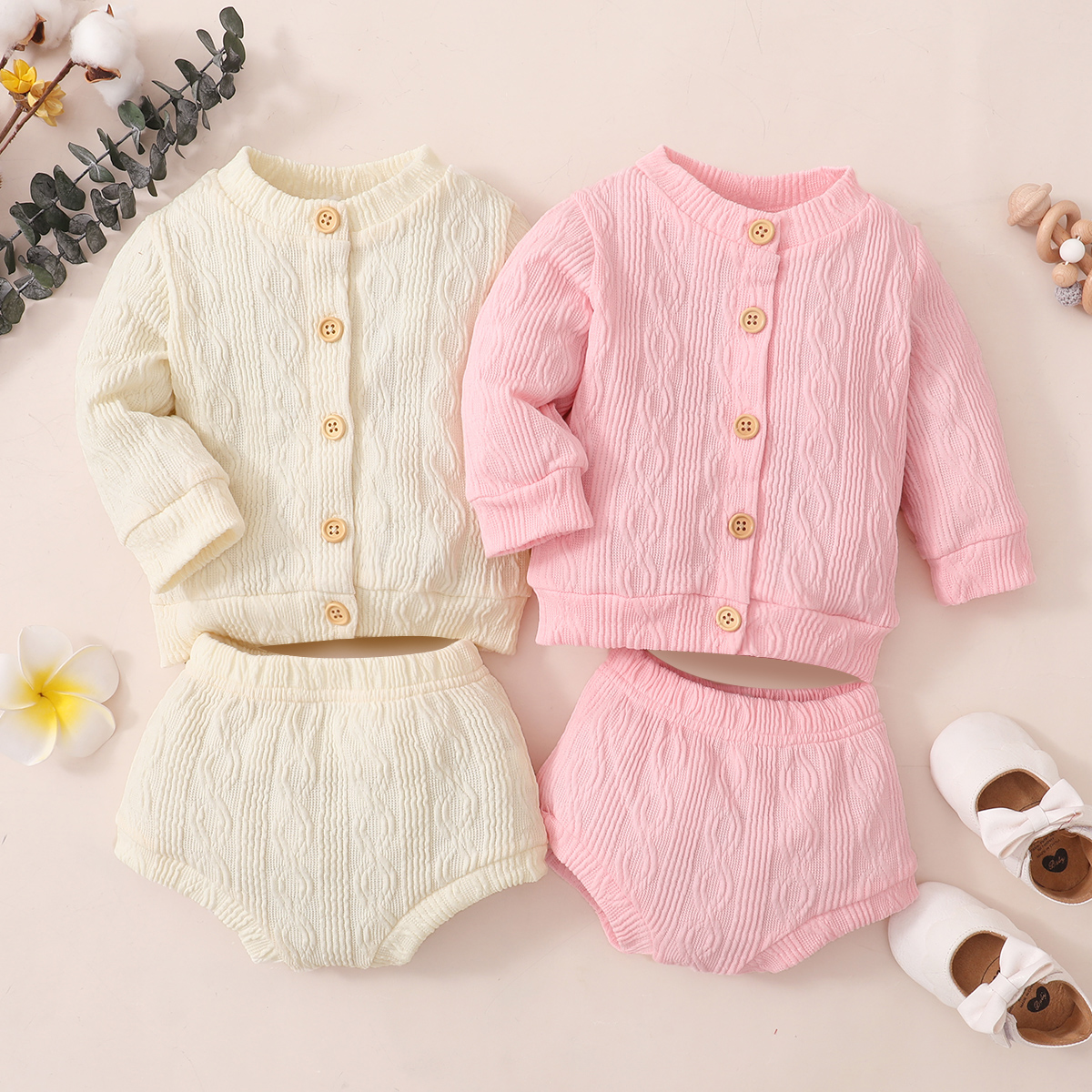 

2pcs Baby Boy/Girl Solid Button Down Long-sleeve Top and Shorts Set