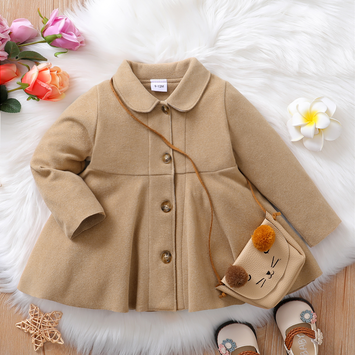 

Baby Girl Khaki Lapel Single Breasted Long-sleeve Thickened Coat