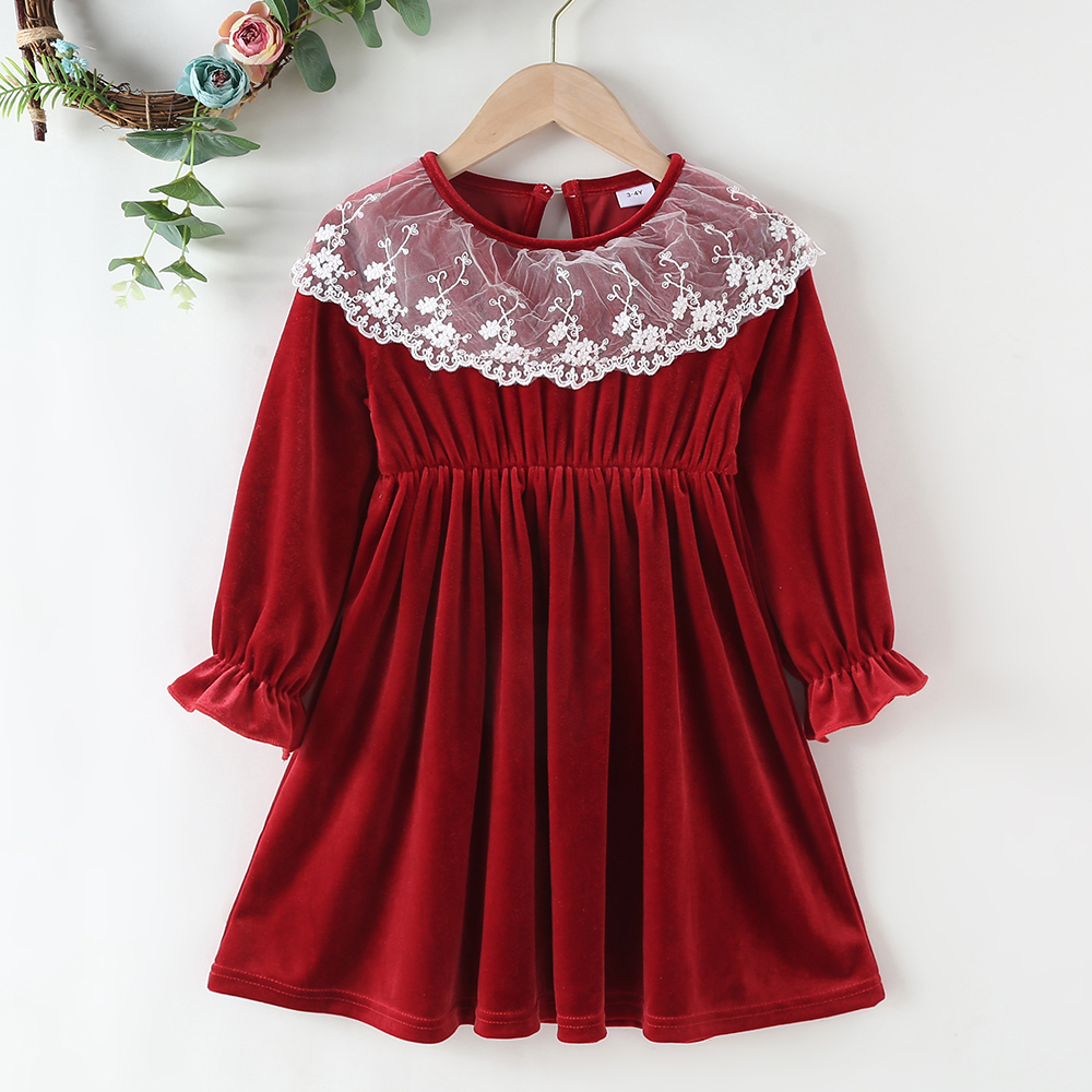 

Baby Girl Floral Lace Collar Red Velvet Long-sleeve Dress