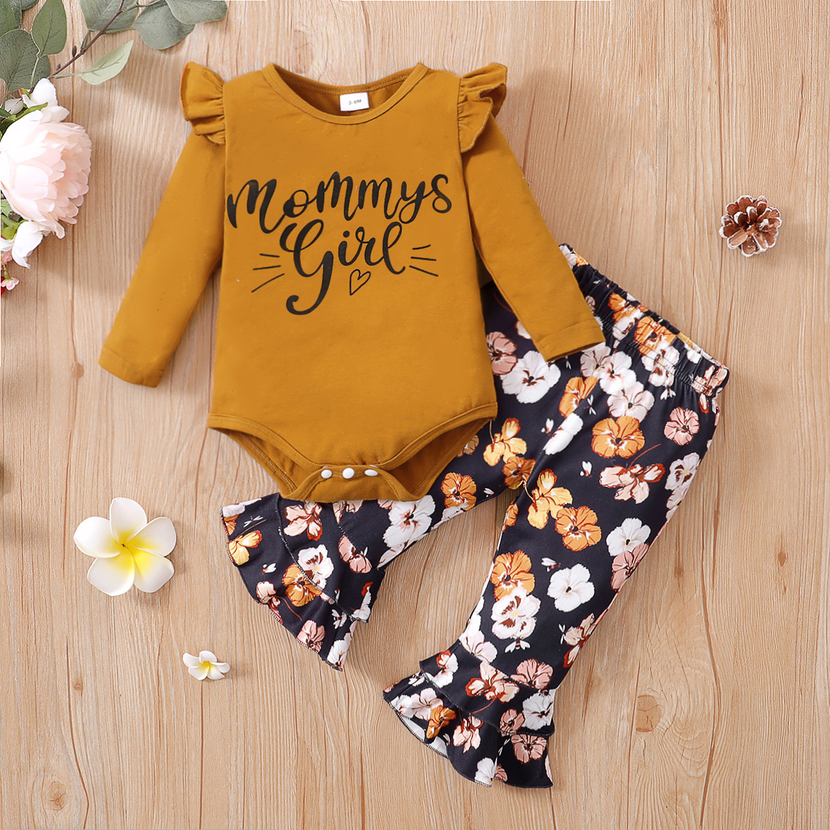 

2pcs Baby Girl Letter Print Brown Long-sleeve Romper and Floral Print Bell Bottom Pants Set