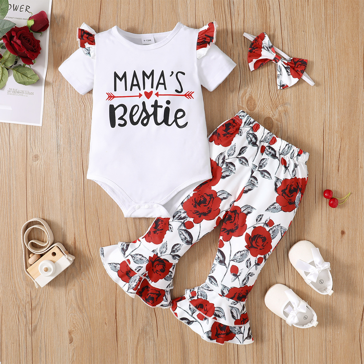 

3pcs Baby Girl Letter Print Short-sleeve Romper with Red Rose Floral Print Flared Pants and Headband Set