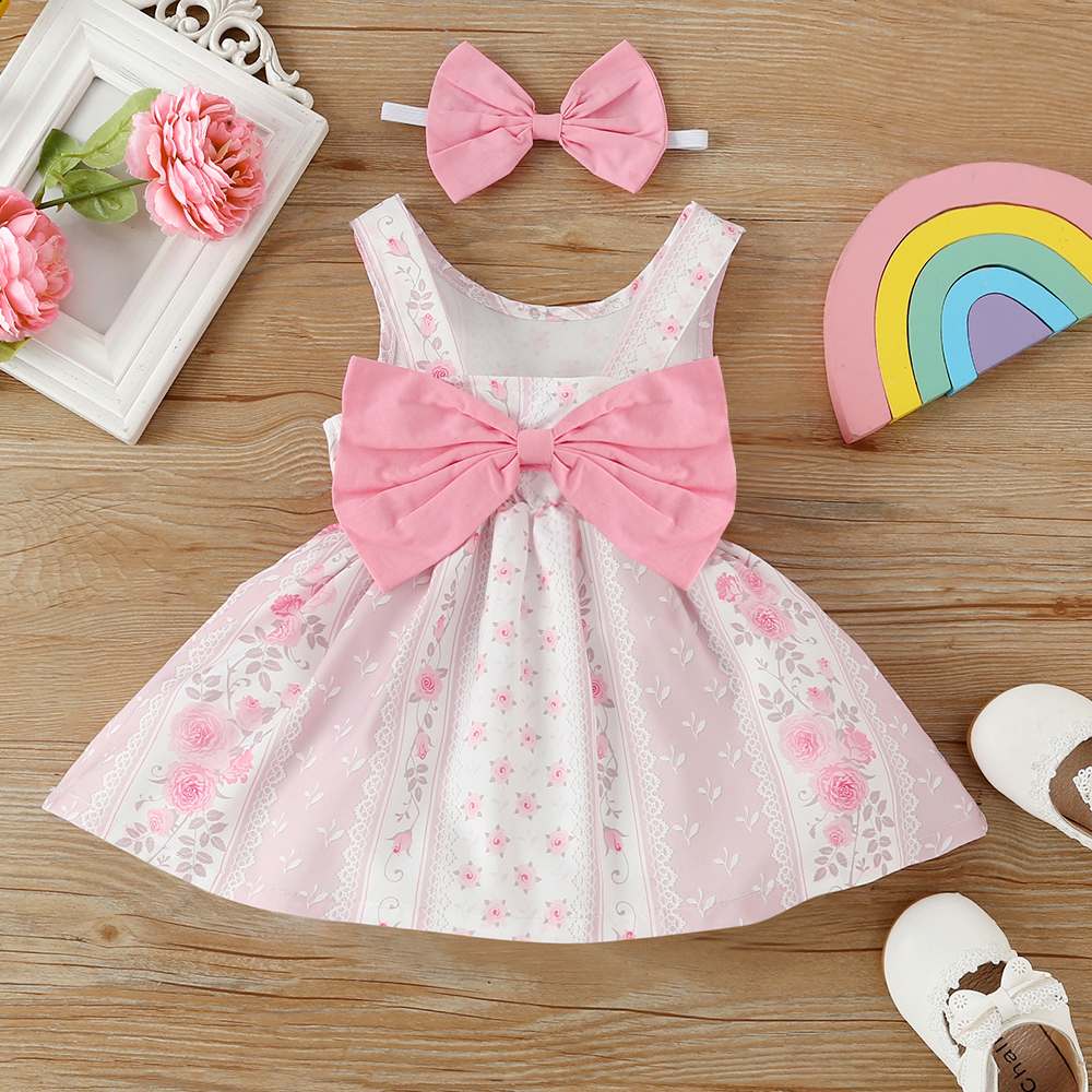 

2pcs Baby Girl Bowknot Design Allover Pink Floral Print Sleeveless Dress with Headband Set