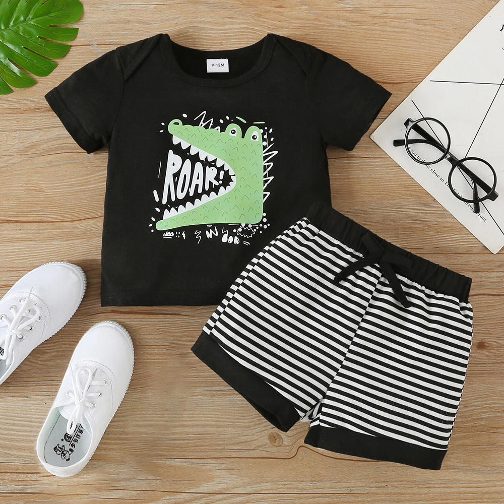 

2pcs Baby Boy Cartoon Dinosaur Print Short-sleeve Tee and Striped Shorts Set