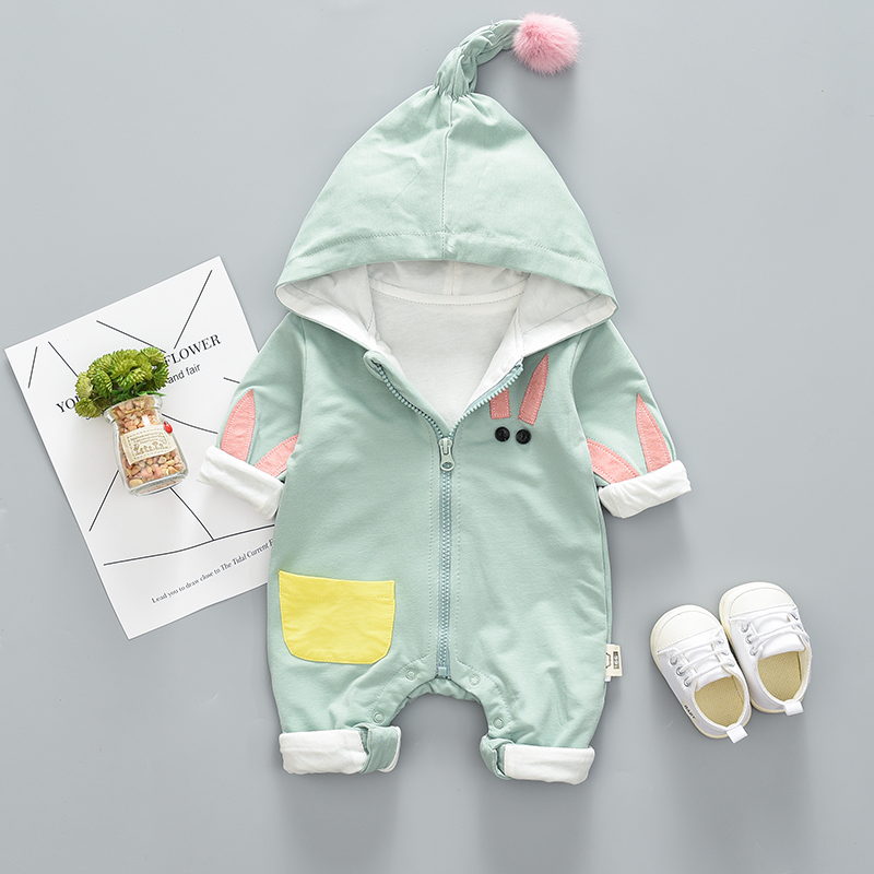 

Baby Rabbit Embroidered Pompom Decor Hooded Jumpsuit