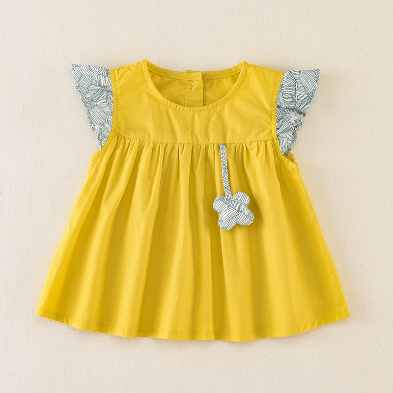 

Baby / Toddler Solid Flower Decor Striped Flutter-sleeve Dress