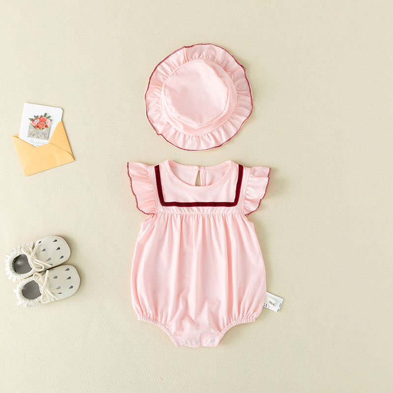 

2-piece Baby Solid Flutter-sleeve Ruffled Rompers with Hat