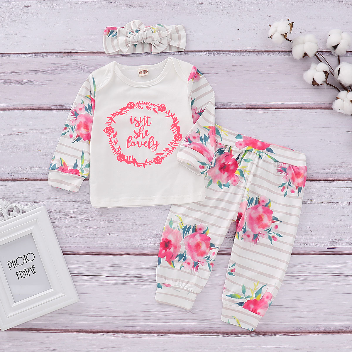 

3-piece Floral Long-sleeve Top, Pants and Headband Set for Baby Girl